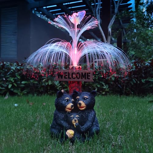 Solar Bear Garden Statues,Resin Black Bear Family Figurine with Welcome Card and 7-Color Changing Optical Fiber with Solar Lights, Lawn Decor Outdoor Statue for Patio,Balcony,Yard,Lawn - color: Black（bear）
