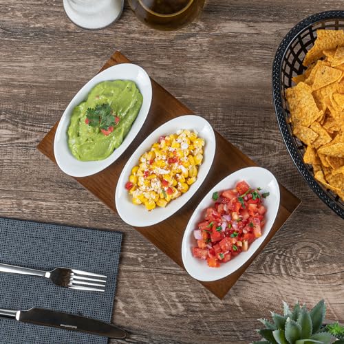 Restaurantware-9 Ounce Bowl Set with Tray - 1 Dishwashable Serving Set, Includes 3 Porcelain Bowls And 1 Bamboo Tray, Durable, White Porcelain And Bamboo Bowl And Platter Kit, Reusable, Freezable - size: Triple set, style: Ellipse