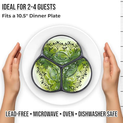 3-Compartment Ceramic Serving Dish, Handmade in Spain | 7.5” divided chip and dip bowl with lead-free glaze, microwave, oven and dishwasher safe, ideal for tapas, snacks and sauces - color: Onyx Green