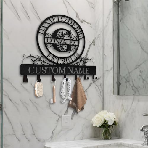 Personalized Key Holder, Family Names & Initial Key Holder Wall Mount | Custom Key Rack Holder for Wall, Metal Key Hooks Monogram Design, Key Hanger for Hallway Bedroom, Anniversary Couple Gift - color: 09 Monogram