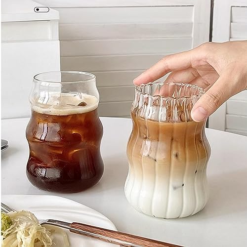 2 Pcs Ribbed Glass Cups, 18 Oz Vintage Drinking Glassware with Wave Design | Iced Coffee Cups Glass, Matcha Glass Bubble Cups for Iced Coffee, Juice, Beverage, Milk, Cocktails, Bubble Tea, and More