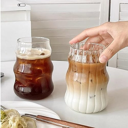 2 Pcs Ribbed Glass Cups, 18 Oz Vintage Drinking Glassware with Wave Design | Iced Coffee Cups Glass, Matcha Glass Bubble Cups for Iced Coffee, Juice, Beverage, Milk, Cocktails, Bubble Tea, and More