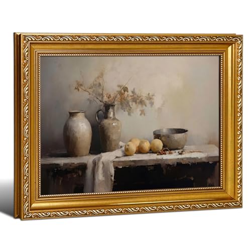 Gold Vintage Framed Kitchen Wall Art - Rustic Farmhouse Still Life Oil Painting with Jars Fruits, Canvas Prints for Dining Room Living Room Decor, 16x24 Inch Moody Tone Artwork - color: Framed-Kitchen1, size: 16"L x 24"W