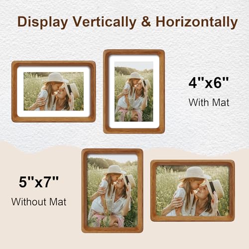 5x7 Picture Frame Set of 2, Natural Teak Wood Solid Wood 5 by 7 Photo Frames with 4x6 Mat with Real Glass for Wall and Tabletop Display - color: Natural Teak, size: 5x7-2Pack