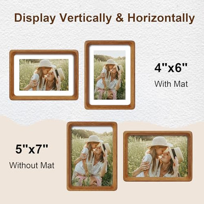 5x7 Picture Frame Set of 2, Natural Teak Wood Solid Wood 5 by 7 Photo Frames with 4x6 Mat with Real Glass for Wall and Tabletop Display - color: Natural Teak, size: 5x7-2Pack
