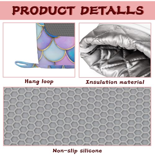 Pink Mermaid Scales Heat-Resistant Silicone Oven Mitts and Pot Holders,Long Oven Gloves with Non-Slip Grip for Cooking, Baking, Grilling,BBQ - color: Pink Mermaid Scales