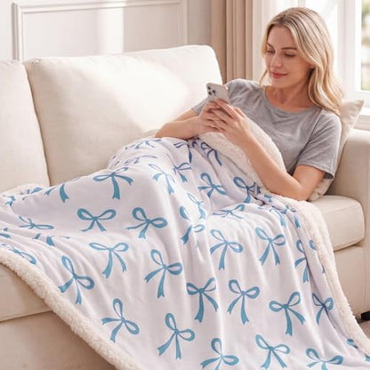 Tegeme Blue Bow Throw Blanket Sherpa Fleece Preppy Coquette Flannel Bow Blanket for Teen Girls Room Back to School Gift White Plush 50" x 60" Aesthetic Soft Bedding for College Dorm Bed Sofa Couch - color: Blue