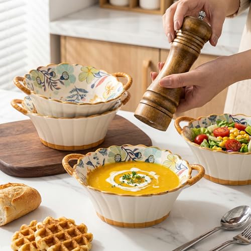 Floral Ceramic Soup Bowls with Handles Set of 2, 20 oz, 7.5 Inch | Floral soup bowls with handles for soup, chili, cereal and baked dishes; wide mouth, oven, microwave and dishwasher safe.