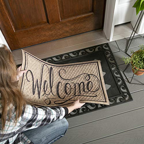 Evergreen Flag Beautiful Black Cutout Scroll Embossed Durable Welcome Mat Tray - 36 x 24 Inches Fade and Weather Resistant Outdoor Doormat Tray for Homes, Yards and Gardens