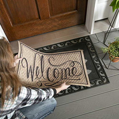 Evergreen Flag Beautiful Black Cutout Scroll Embossed Durable Welcome Mat Tray - 36 x 24 Inches Fade and Weather Resistant Outdoor Doormat Tray for Homes, Yards and Gardens