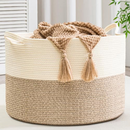 XXXLarge Woven Cotton Rope Basket (21.7" x 13.8") 90L – Blanket Basket for Living Room, Laundry Hamper, Baby Laundry Hamper, Toy Storage, Pillows & Cushions Organizer (Brown) - color: Brown