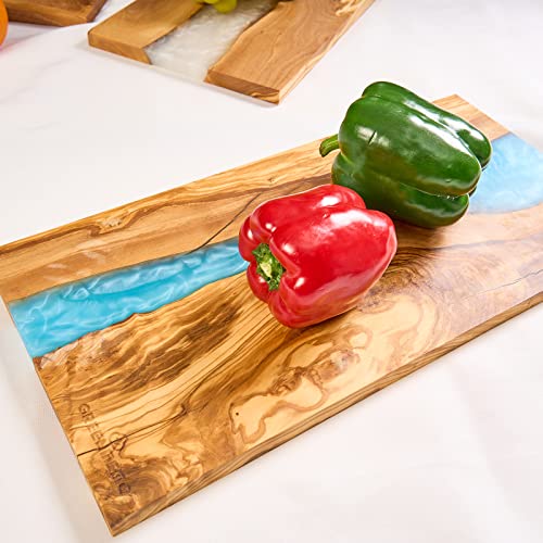 Italian Olive Wood luxury Cheese board with Resin, Charcuterie board, Chopping and Cutting Board for Meat Vegetable & Fruit, Wooden Epoxy Serving Board (Blue And White Gradient) - color: Blue And White Gradient