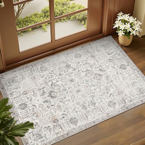 jinchan 2x3 Vintage Floral Area Rug, Washable Entryway Rug, Grey | Distressed Floral Design, Soft Low Pile Surface, Non Slip, Easy Care, Pet Friendly, Kitchen Sink Bathroom Vanity Bedroom - color: Distressed Grey Multi, size: 2' x 3' (Rectangular)