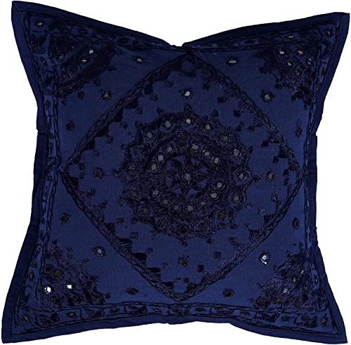 Indian Mirror Embroidered Decorative Sofa Throw Pillow Cushion Cover Boho Bohemia (Color : Blue Size -24 X 24) - color: Blue, size: 24" x 24" (Pack of 1)