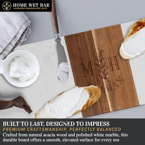 HomeWetBar Personalized Acacia Charcuterie Board | Custom 15" x 7" White Marble & Acacia Wood Cheese Board | Perfect Housewarming + Wedding + Couples Gift Idea - style: Winslow White Marble Board
