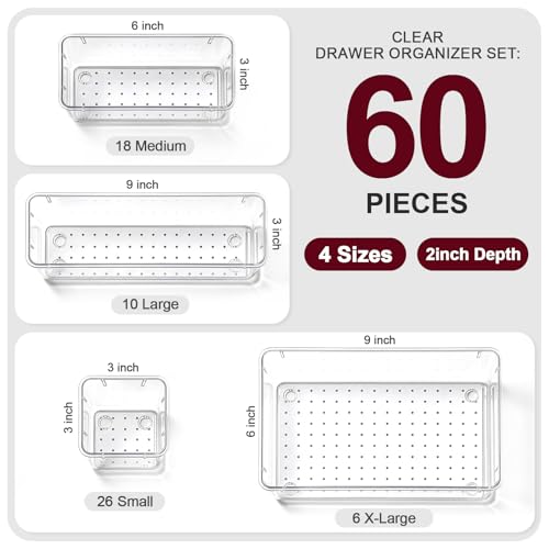 60 Pcs Makeup Drawer Organizer Set, 4 Sizes Versatile Bathroom and Vanity Drawer Organizer for Makeup, Non-Slip Desk Organizer Trays for Bedroom, Office, Fits Jewelry and Office Supplies - size: 60Pack
