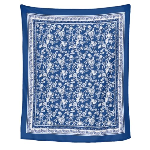 Chinoiserie Flower Blanket 50 x 40 Inch Navy Blue Throw Blanket for Bed, Soft Flannel Throw Blankets Lightweight Fluffy Fuzzy Bed Blankets for Home Sofa Couch - color: Blue White Floral, size: 50"L x 40"W