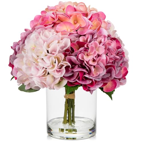 Hollyone Real Touch Pink Hydrangea Artificial Flowers in Vase Latex Large Faux Hydrangea Flowers Arrangements Hydrangeas Fake Flower with Glass Vase with Faux Water for Table Centerpiece Home Decor - color: Large - Pink