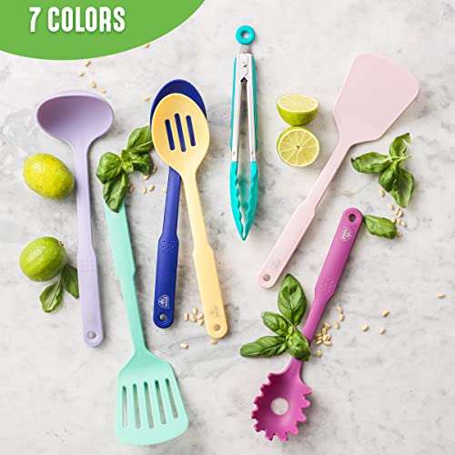 GreenLife Cooking Tools and Utensils, 7 Piece Nylon Set including Spatulas Turner Spoons and Tongs, Dishwasher Safe, Caribbean Blue - color: Caribbean Blue