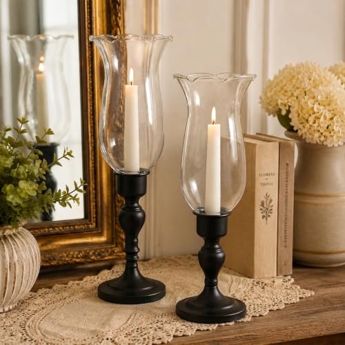 Volens Set of 2 Hurricane Glass Candle Holders with Iron Base & Glass Dome | Farmhouse Decorative Black Metal Candlestick Holders for Living Room, Mantle, Table Centerpiece, Home and Outdoor Décor - color: Black