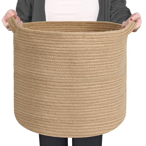 Large Wicker Storage Basket, 16" x 14" Jute Woven Basket with Handle, Living Room Blanket Storage, Big Wicker Laundry Basket, Kids Toy Bin Box Organizer, Decorative Round Baskets for Decor - color: Jute