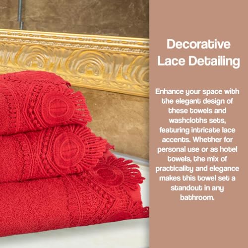 Zahari Home 3 Piece Laced Towel Set - Stylish Soft Plush Cotton Towels with Hand Towel & Washcloth - Highly Absorbent Towels for Bathroom, Gym, Hotel & Spa (Crochet Red) - color: Crochet-red