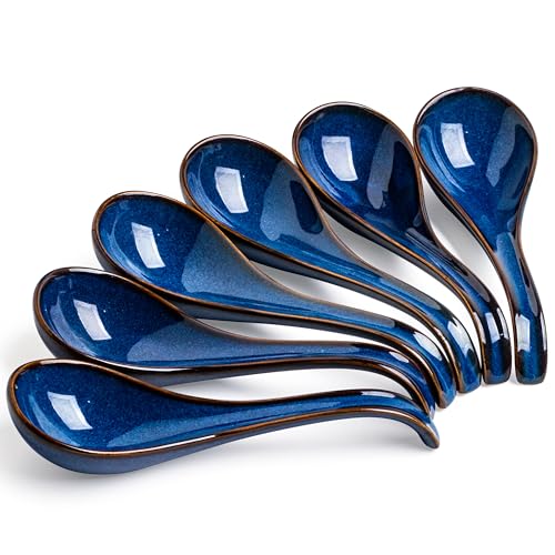 LYEOBOH Soup Spoons set of 6, Chinese Deep Soup Spoon - 6.5 inch Ceramic Korean Tablespoons for Ramen, Rice, Noodle, Asian Spoons with Deep Hook Design, Vintage Blue - color: Vintage Blue