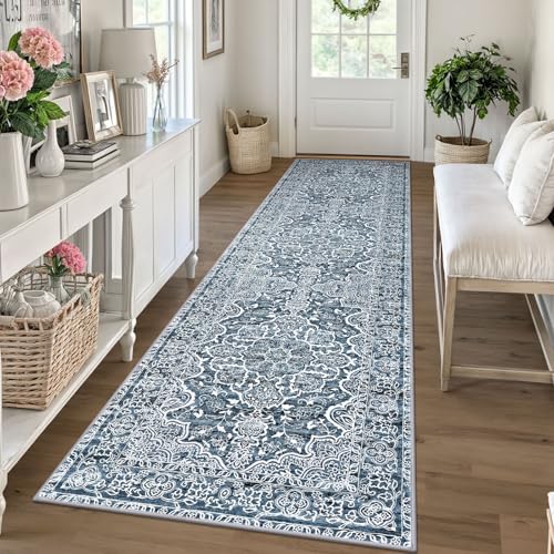 KUTA Vintage Runners for Hallways 2.6x10 Blue White Washable Kitchen Rug | Non-Slip, Non-Shedding, Low Pile, Easy Clean Distressed Flower Runners For Hall Bathroom Entryway Bedroom Laundry Foyer - color: Blue Floral, size: 2'7" x 10' (Runner)