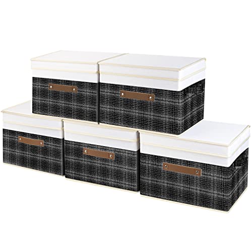 Collapsible Storage Bins with Lids, Patchwork Design, Washable, Fabric Storage Boxes, 14.9x9.8x9.8 inches, 5 Pack, Black - color: Black & White, size: 5-pcs 14.9x9.8x9.8 in