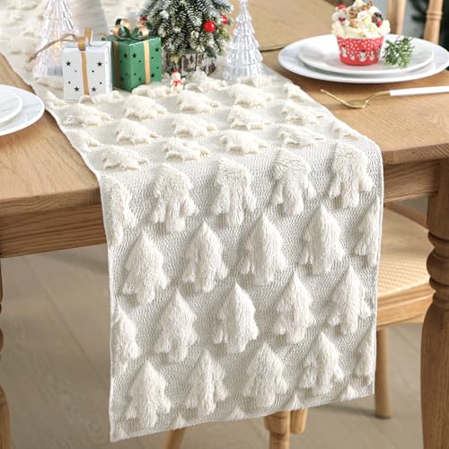 Roshtia Christmas Table Runner Soft Plush Faux Fur Jacquard Christmas Tree Tabletop Runner 13 x 72 Inch Winter Xmas Kitchen Dining Table Decor for Xmas Home Indoor Outdoor Holiday Party Decor(Beige) - color: Beige, style: Christmas
