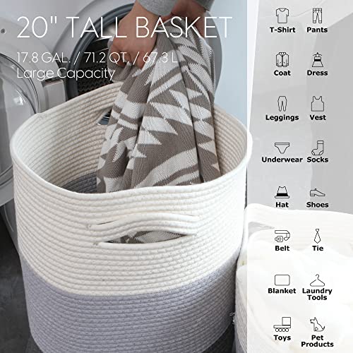 Sea Team Large Woven Cotton Rope Laundry Basket with Lid, 20 x 16 in | Collapsible Knitted Hamper with Handles, Lidded Closet Shelf Organizers for Clothing, Blankets, Toys, Bedding, Lavender - color: White & Lavender