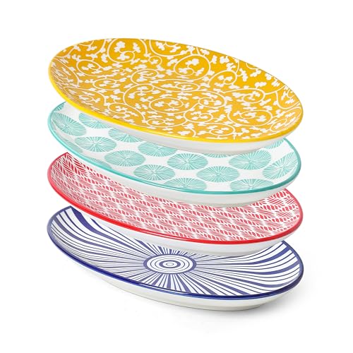 Selamica Ceramic Serving Plates, 10 Inch Oval Dinner Plates Set of 4, Small Serving Dishes for Entertaining, Dessert, Appetizer, Sushi, Fruit, Microwave & Dishwasher Safe, Assorted Colors - color: Assorted Colors, size: 10 Inch