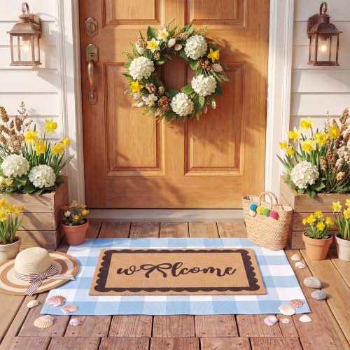 2 Pcs Bow Welcome Front Door Mats Combo Set Coco Coir Welcome Doormat 27.5''x43'' Layered Buffalo Light Blue White Plaid Rug Extra Thick Nonslip Backing for Outdoor Porch Entryway Decor - color: Light Blue