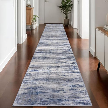 KOZYFLY Modern Abstract Washable Rug Runner 2.6x14 Hallway Rug Runner Non-Slip Soft Kitchen Runner Rugs, Grey-Blue Striped Carpet for Entryway Bathroom Laundry Room Foyer - color: Blue-grey, size: 2'8" x 14' (Runner)