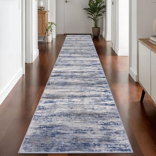 KOZYFLY Modern Abstract Washable Rug Runner 2.6x14 Hallway Rug Runner Non-Slip Soft Kitchen Runner Rugs, Grey-Blue Striped Carpet for Entryway Bathroom Laundry Room Foyer - color: Blue-grey, size: 2'8" x 14' (Runner)