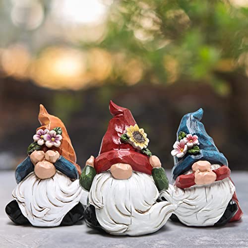 Hodao Spring Gnome Decor Set of 3, Resin Three Wise Gnomes Figurines with See No Evil Hear No Evil Speak No Evil Design, Floral Tiered Tray Shelf Table Accent, Farmhouse Gift Idea - style: Three Wise Gnom-2
