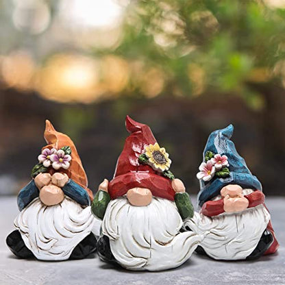 Hodao Spring Gnome Decor Set of 3, Resin Three Wise Gnomes Figurines with See No Evil Hear No Evil Speak No Evil Design, Floral Tiered Tray Shelf Table Accent, Farmhouse Gift Idea - style: Three Wise Gnom-2
