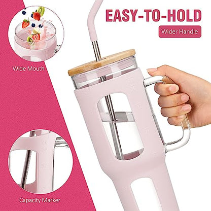 WINSA Glass Tumbler with Lid and Straw, 46 oz, Cotton Pink | Iced Coffee Cup with Handle, Large Water Bottle with Silicone Sleeve, Pearl Straw & Drinking Straw, BPA Free - color: CottonPink, size: 46 Ounces