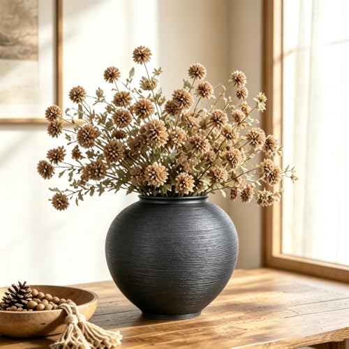 Black Ceramic Vase, 9in Textured Round Black Vase for Home Decor, Large Matte Pottery Vase for Pampas Grass, Dried Flowers, Coffee Table Entryway Table Centerpiece Decor - color: Dark Black, size: 9in