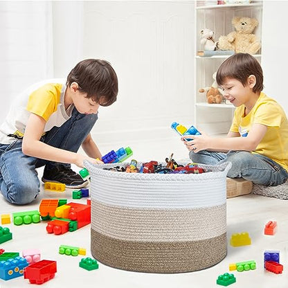 COMSE XXXLarge Woven Blanket & Laundry Basket, 87L, White & Gradient Brown | 21.7" x 13.8", Cotton Rope, Nursery Hamper for Storage of Toys Clothes Towels, Ideal for Living Room Bedroom Bathroom - color: White & Gradient Brown