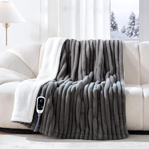 Sealy Electric Blanket Throw 50×60, Faux Fur to Sherpa, Charcoal | Heated Blanket Throw with 6 Heating Levels, 2-10 Hours Auto Off, Overheat Protection, Machine Washable, ETC Certified - color: Charcoal, size: Throw Size 50" x 60"