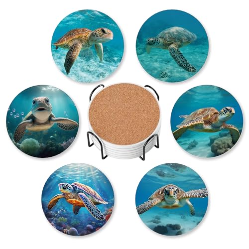 Drink Coasters for Drinks Set of 6,Sea Turtles Absorbent Round Ceramic Stone Mat Coaster, with Cork Base and Metal Holder, Home Bar Decor House Warming Gift - color: Sea Turtles