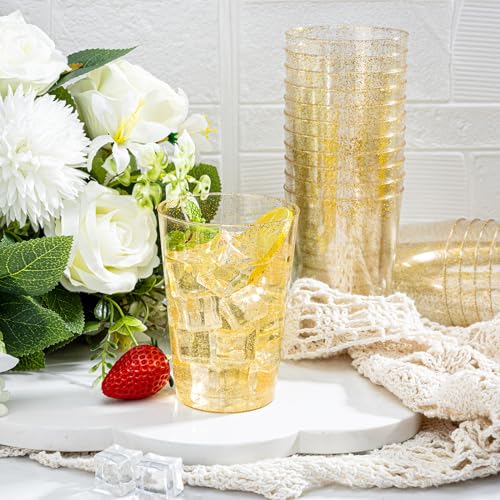 I00000 50 Pack 12 oz Gold Glitter Cups, Premium Clear Disposable Gold Cups | Gold Plastic Wine Glasses, Cocktail Glasses, Heavy Duty, Elegant Glitter Plastic Tumblers for Birthday, Wedding & Party - color: Glitter-12oz-50