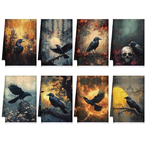 Fourluoo 8 Pcs Gothic Kitchen Towels Set Crow Goth Hand Dish Towels Gothic Tea Cloths for Home Kitchen Bathroom Goth Decor Gifts, 16 x 24 inch - style: Crow