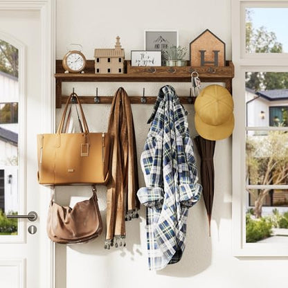 AMBIRD Coat Rack Wall Mount, 35 inch Large Wall Hooks with Shelf, Entryway Shelf with 7 Dual Coat Hooks 4 Key Hooks Mail Organizer, Wooden Coat Hanger and Key Holder Wall Mount - color: Brown, size: 35" L