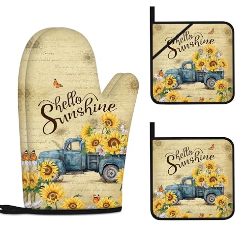 Sunflower Oven Mitts and Pot Holders Sets Vintage Floral Oven Gloves Heat Resistant 4 Pcs Farmhouse Decorative Kitchen Hot Pads and Mitts for Baking Cooking Grilling - color: Yellow Blue