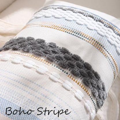 Boho Lumbar Throw Pillow Cover 14x36 Grey Blue White | 1 Piece,Durable Fabric,Stripe Pillowcase,Farmhouse Cushion Case,Chenille Pillow Case,Neutral Pillowcase for Sofa Couch Bed - color: Grey Blue White Stripe, size: 36" x 14" (Pack of 1)