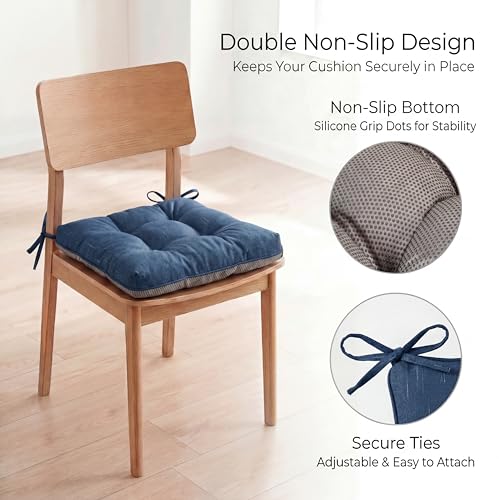 Chair Cushions for Dining Chairs Set of 4, 15.5" x 15.5" x 3.5" Kitchen Chair Cushions with Ties, Upgraded Silicone Non-Slip Bottom, Premium Shredded Memory Foam Chair Pads, Navy Blue - color: Navy Blue