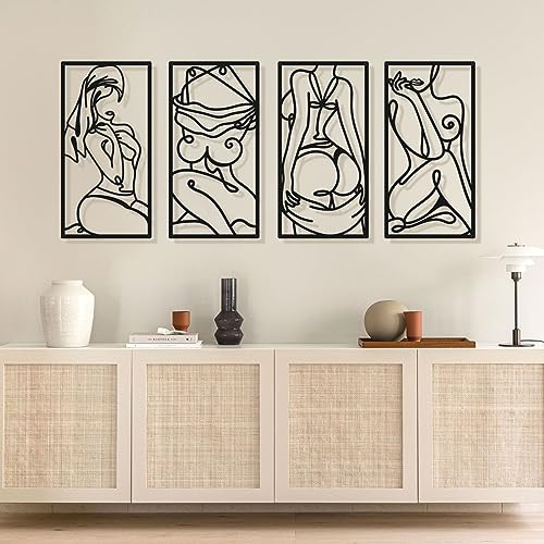 Bakovity Black Metal Bathroom Wall Decor Minimalist Line Art Wall Decor Black Abstract Modern Wall Art for Bathroom Living Room Bedroom (4 Pcs,17 x 9 in) - color: Black