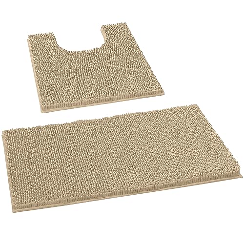 LuxUrux Bathroom Rugs Sets 2 Piece: Quick Dry, Soft Plush Anti-Slip, Super Absorbent. Includes Rectangular (31x20 inches) & U-Shaped Toilet Mat (20x20 inches) | Birch - color: Birch, size: 2 Piece Set